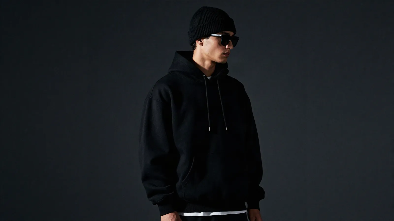Model wearing the black Owners Club hoodie